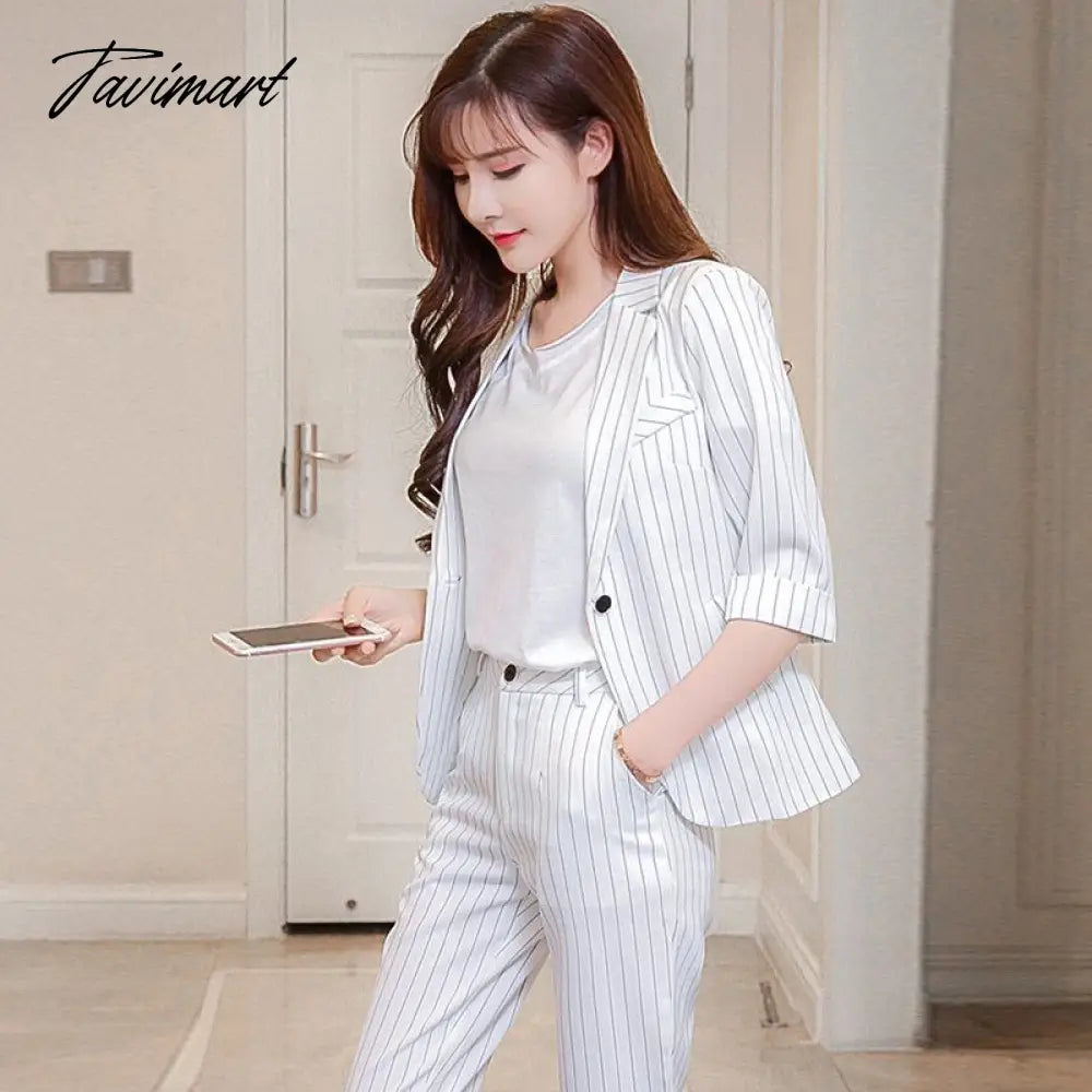 vzyzv Work Pant Suits OL 2 Piece Sets Double Breasted Striped Blazer Jacket & Zipper Trousers Suit For Women Set Feminino Spring