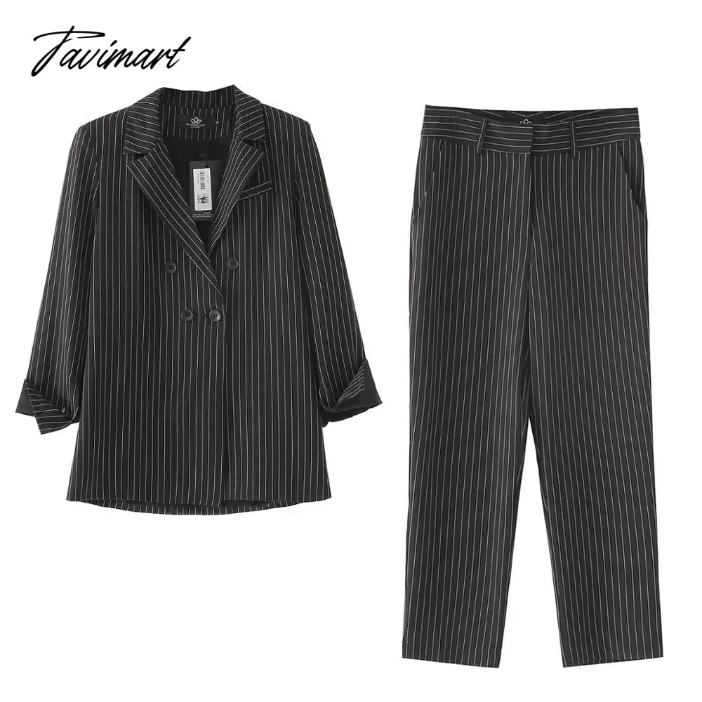 vzyzv Work Pant Suits OL 2 Piece Sets Double Breasted Striped Blazer Jacket & Zipper Trousers Suit For Women Set Feminino Spring