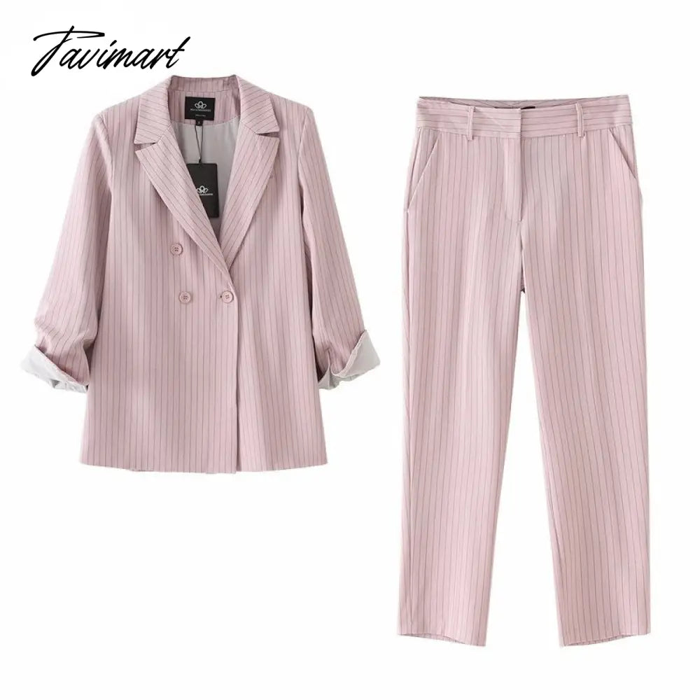 vzyzv Work Pant Suits OL 2 Piece Sets Double Breasted Striped Blazer Jacket & Zipper Trousers Suit For Women Set Feminino Spring