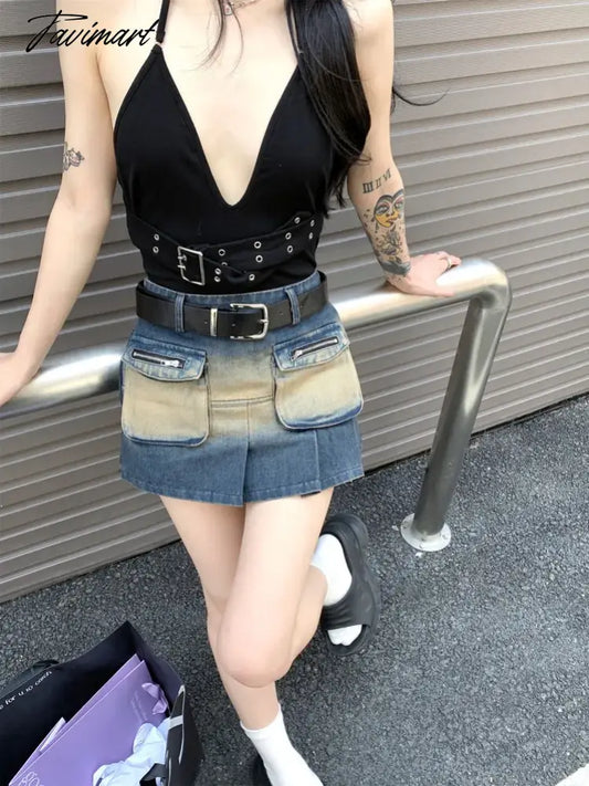 Tavimart Y2k Distressed Pocket Denim Skirt American Retro Pocket High Waist A-line Skirt Korean Style Hot Girl Pleated Miniskirt