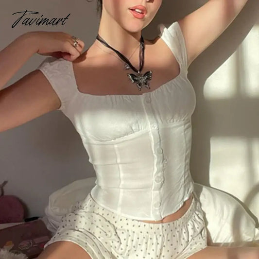 TAVIMART  Y2K Vintage White Milkmaid Tank Tops Chic Square Collar Button Up Slim Fit Mini Vest Aesthetic 00s Retro Fairy Crop Tops Summer