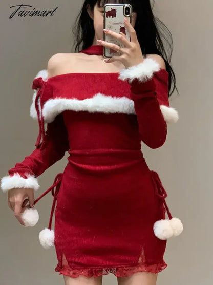 vzyzvY2K Winter Christmas Party Dress Women Sexy Slash Neck Off Shoulder Faux Fur Patchwork Female Wrap Hip Slim Knitted Dresses New