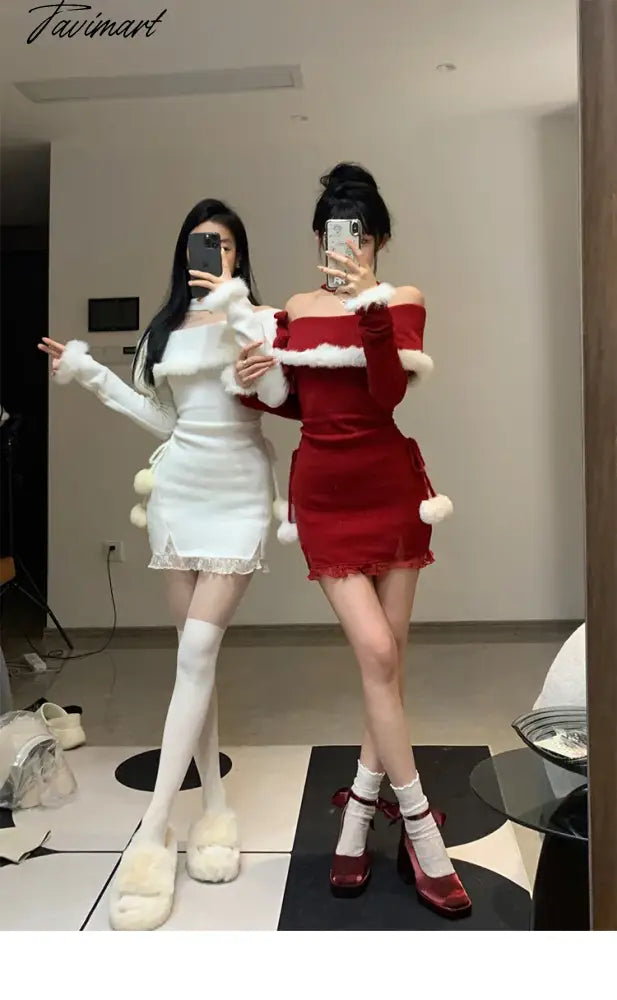 vzyzvY2K Winter Christmas Party Dress Women Sexy Slash Neck Off Shoulder Faux Fur Patchwork Female Wrap Hip Slim Knitted Dresses New