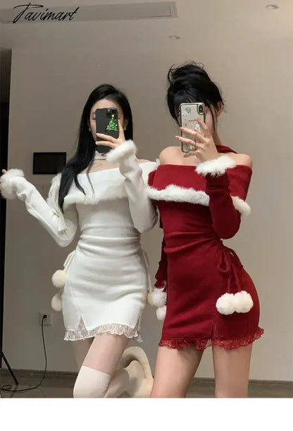 vzyzvY2K Winter Christmas Party Dress Women Sexy Slash Neck Off Shoulder Faux Fur Patchwork Female Wrap Hip Slim Knitted Dresses New