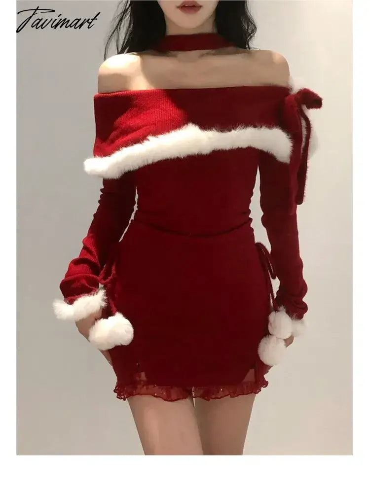 vzyzvY2K Winter Christmas Party Dress Women Sexy Slash Neck Off Shoulder Faux Fur Patchwork Female Wrap Hip Slim Knitted Dresses New