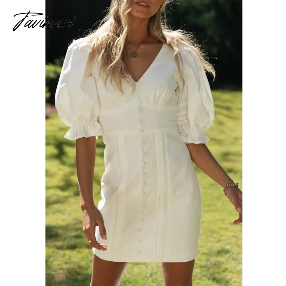 vzyzvженское платье Elegant V Neck With Button Puff Sleeve Ruffled White Mini Dress Slim Pleated Ladies Dress Femme Robe Spring