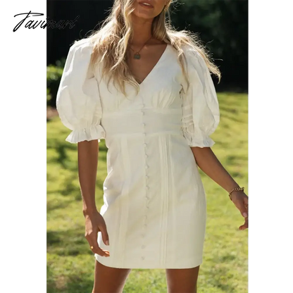 vzyzvженское платье Elegant V Neck With Button Puff Sleeve Ruffled White Mini Dress Slim Pleated Ladies Dress Femme Robe Spring