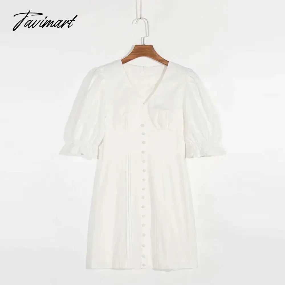 vzyzvженское платье Elegant V Neck With Button Puff Sleeve Ruffled White Mini Dress Slim Pleated Ladies Dress Femme Robe Spring