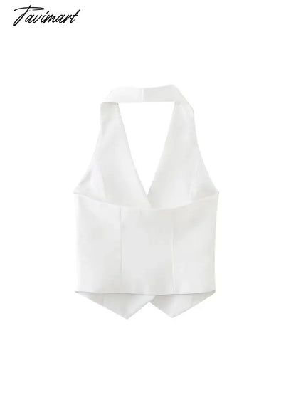 White Halter 3D Flower Short Vests for Women Backless Sleeveless Single Breasted V-Neck Tops Summer Lady Commute Waistcoats