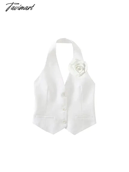 White Halter 3D Flower Short Vests for Women Backless Sleeveless Single Breasted V-Neck Tops Summer Lady Commute Waistcoats