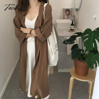 Women's summer solid single breasted turn down collar long sleeve bandage cotton thin trench coat female loose windbreaker