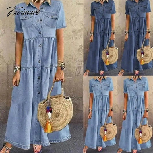 Women Summer Autumn Denim Long Dresses Retro Button Pockets Jeans Maxi Dress Ladies Casual Vestidos