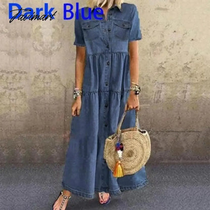 Women Summer Autumn Denim Long Dresses Retro Button Pockets Jeans Maxi Dress Ladies Casual Vestidos