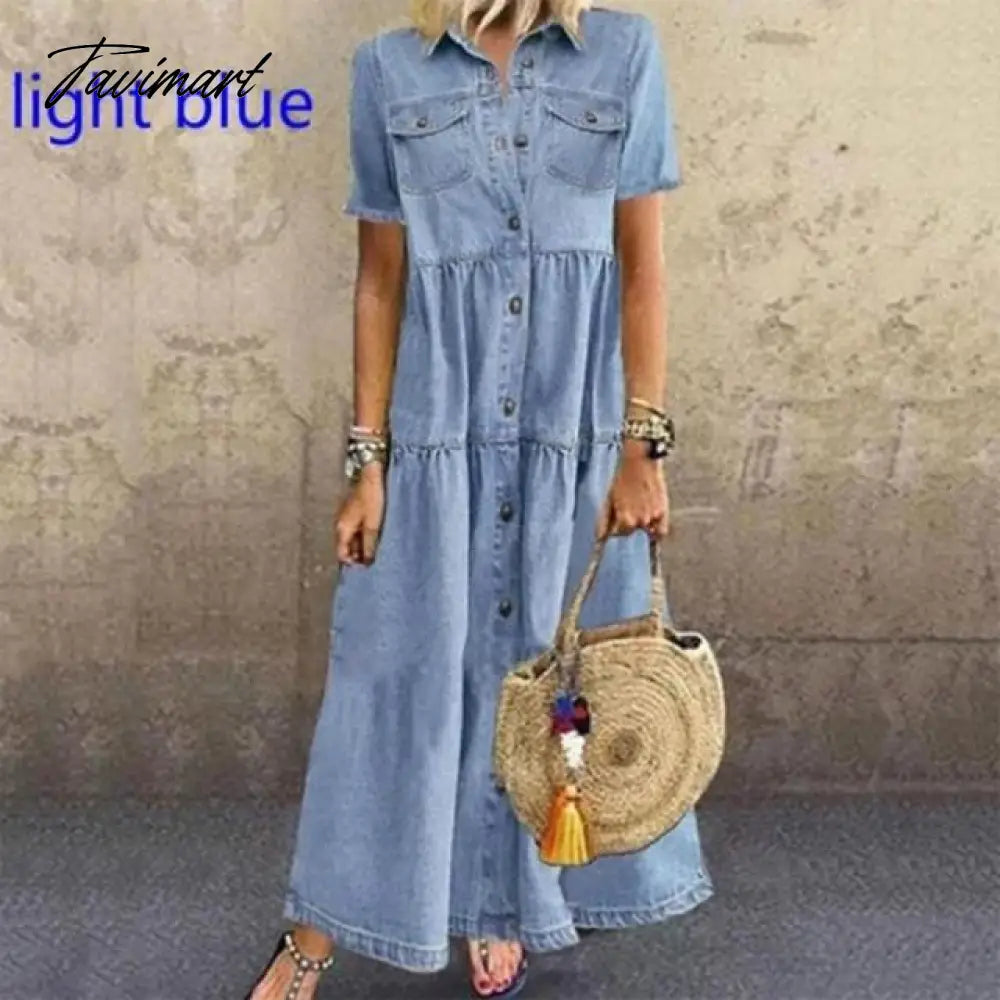 Women Summer Autumn Denim Long Dresses Retro Button Pockets Jeans Maxi Dress Ladies Casual Vestidos