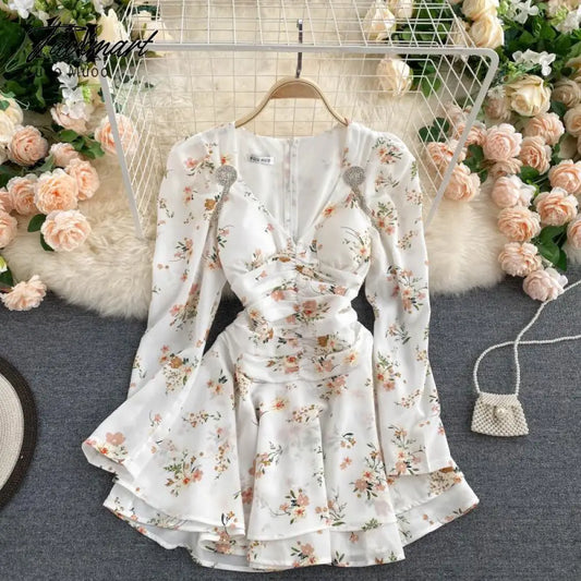 YuooMuoo Sexy V-neck Autumn Dress Retro Gothic Ruched Slim Waist Women White Floral Print Mini Dress Korean Chiffon Dress